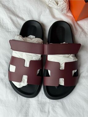 Hermes Women's Oran Sandals in Bordeaux and Black